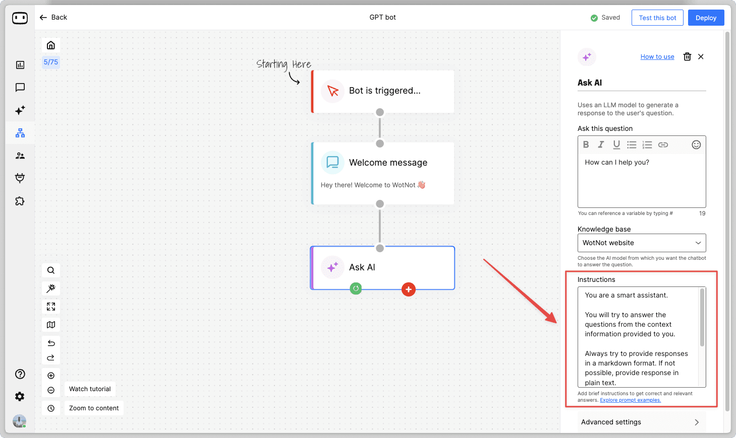 image of adding custom prompt in wotnot chatbot flow